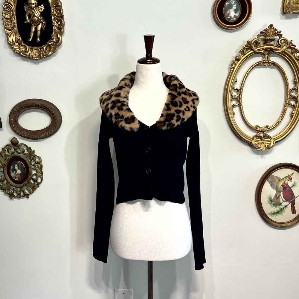 Edikted Faux Fur Leopard Collar Ribbed Cardigan Size M